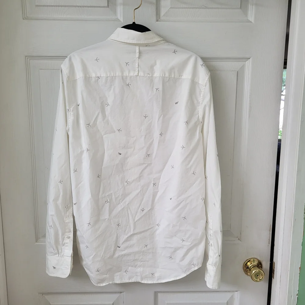 Banana Republic Airplane Print White Casual Button Down Luxe Poplin - Size Med